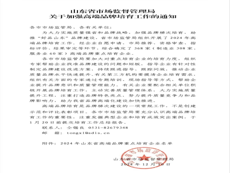公司成功入選2024年度山東省高端品牌培育企業(yè)名單